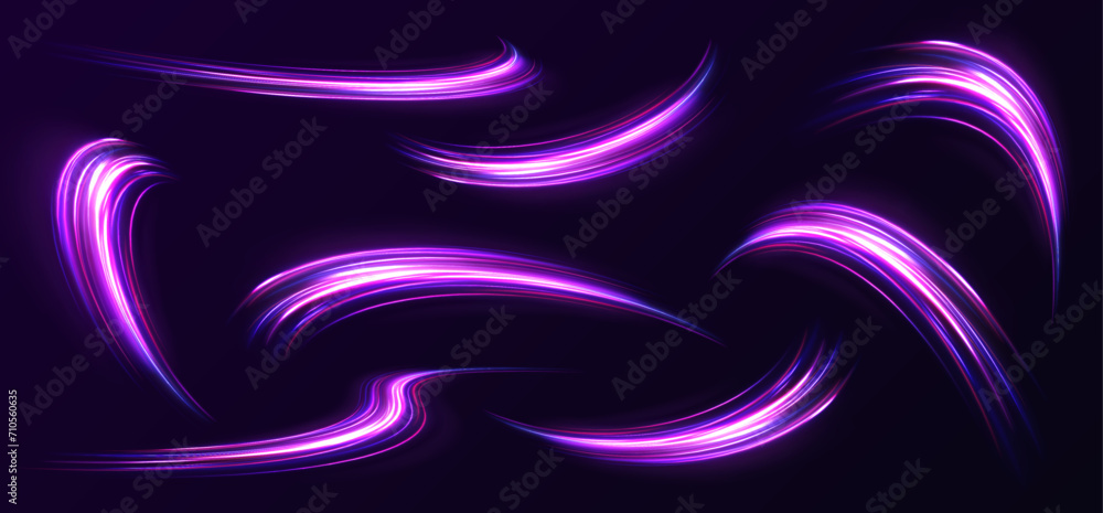 Leinwandbilder Big set of neon speeds in the form of a road of different light colors. Rotating dynamic neon circle. Colored shiny sparks of spiral wave. Expressway, the effect of car headlights.	