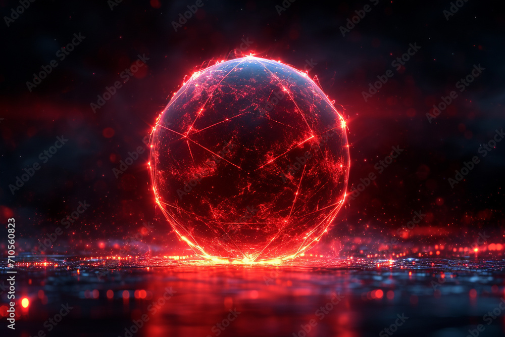 Poster a tetrahedron-shaped planet illuminated with red leds in a dark space background.