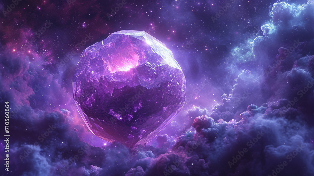 Poster an icosahedron planet with pulsating purple leds in a nebula cloud.
