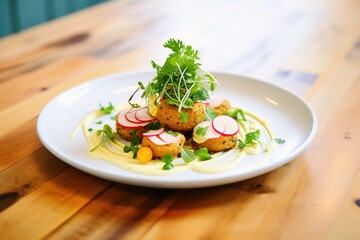 fresh falafel dish with decorative tahini swirls