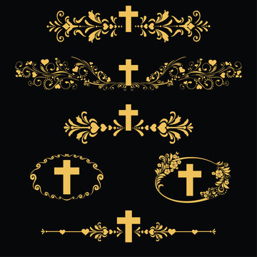 Cross icons set. Obituary notice - art deco frames with cross. Collection of gold Christian Symbol design elements isolated on black background. Church and pray, religion and resurrection. Vector