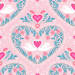 Pink Love swan seamless pattern. Heart Valentine botanical floral garden. Good for fabric, fashion design, wallpaper, bedding, pajama, clothing, textile.