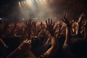 Energetic Concert Revelry: Dynamic Crowd of People Dancing, Vibrant Music Celebration.