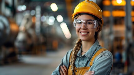 Portrait of female mechanical engineer in uniform with a big copy space, Generative AI.