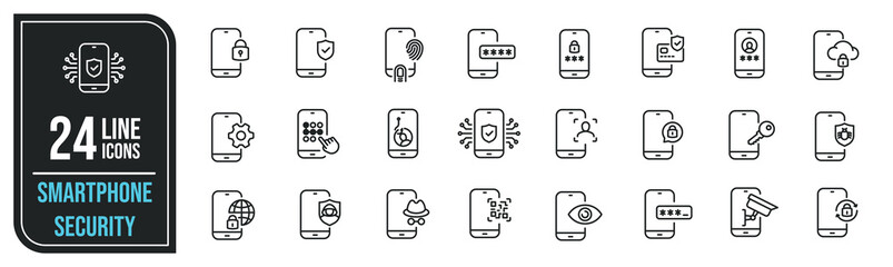Smartphone security minimal thin line icons. Related protection, anti virus, password, lock. Editable stroke. Vector illustration.