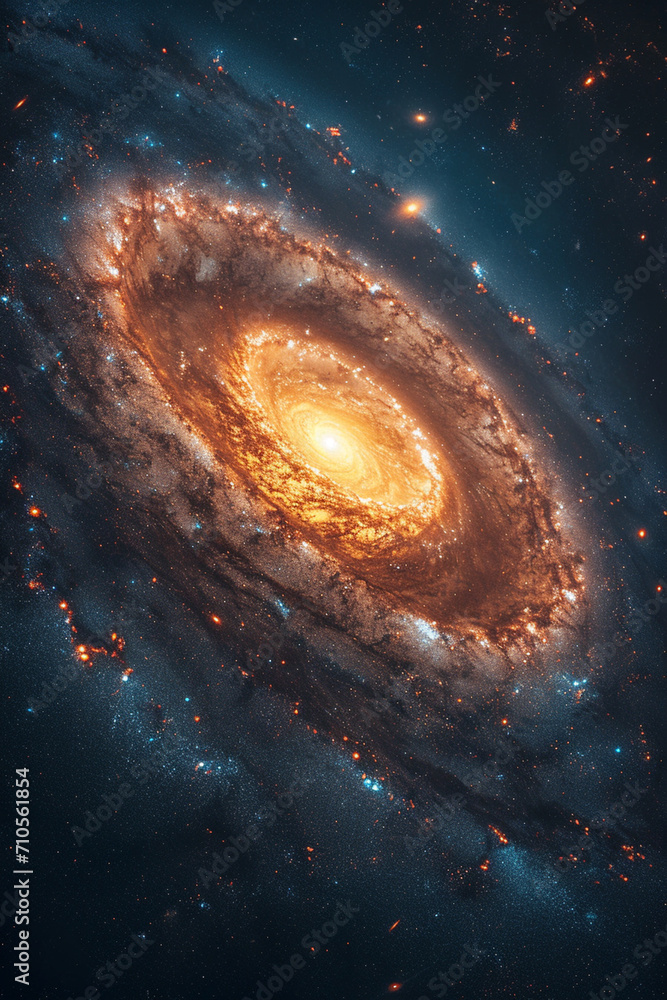 Poster a spiral galaxy with a central planet shaped like a helix with twinkling leds.