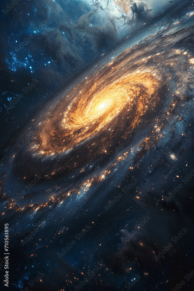 Poster a spiral galaxy with a central planet shaped like a helix with twinkling leds.