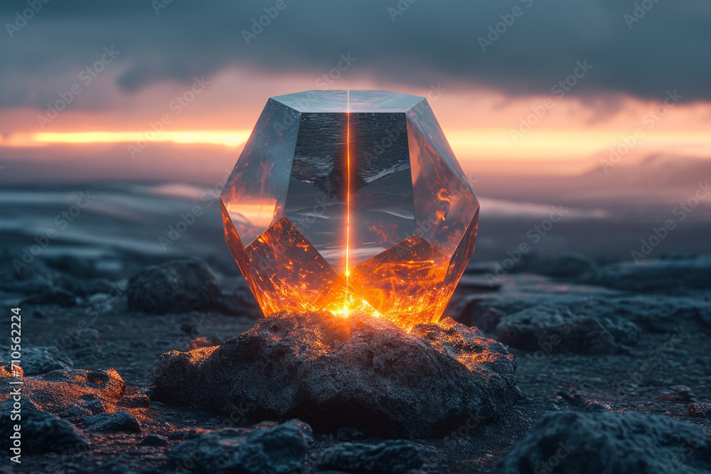 Poster a hexahedron planet with orange leds, in a binary planetary system.