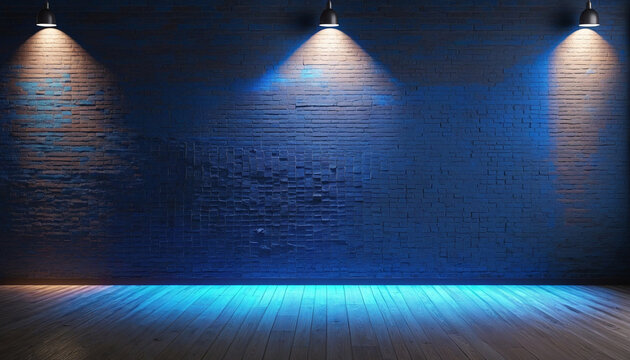 Blue neon light illuminating empty brick wall with copy space. High-quality royalty-free stock photo of blank backdrop with blue color glow. Texture background for design projects.