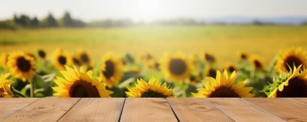 blank wooden table on blurry sunflower field background banner - Powered by Adobe