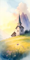 Church in Dolomites. AI generated illustration