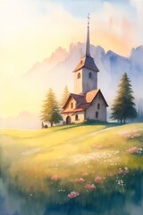 Church in Dolomites. AI generated illustration