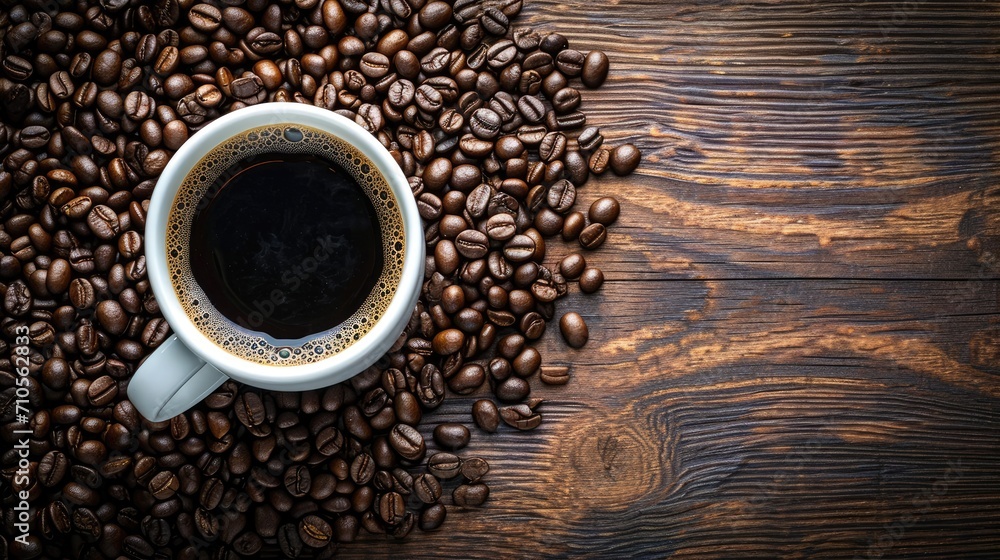 Wall mural top view coffee beans with a cup of black coffee on a wooden background