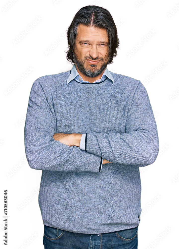 Sticker middle age handsome man wearing casual clothes skeptic and nervous, disapproving expression on face 