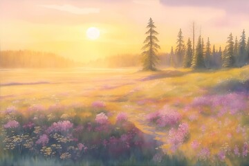 Spring meadow watercolor. AI generated illustration