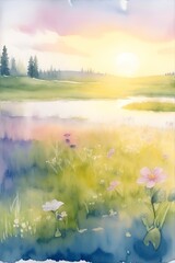 Spring meadow watercolor. AI generated illustration