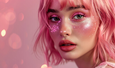  woman with pink glitter makeup and pinky hair portrait 