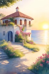 Naklejka premium Mediterranean house landscape paint. AI generated illustration