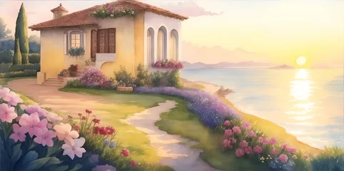Zelfklevend Fotobehang Mediterranean house landscape paint. AI generated illustration © vector_master
