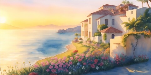 Obraz premium Mediterranean house landscape paint. AI generated illustration