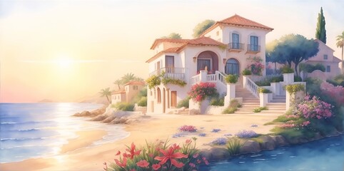 Mediterranean house landscape paint. AI generated illustration
