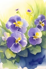 Pansy flowers closeup. Watercolor style. AI generated illustration
