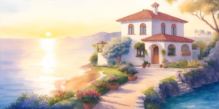 Mediterranean house landscape paint. AI generated illustration