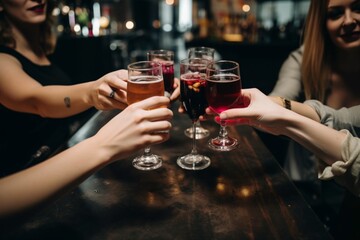Des jeunes amis en train de boire un verre de vin rouge pendant une soirée festive. - obrazy, fototapety, plakaty