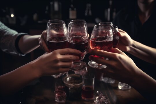 Des jeunes amis en train de boire un verre de vin rouge pendant une soirée festive.