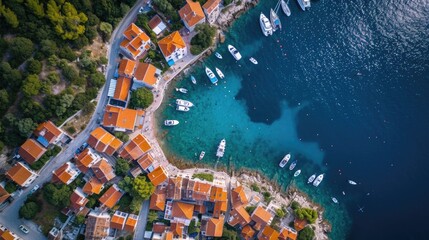 Aerial View of a Seaside Village: picturesque layout of a seaside village from above, small boats docked by the shore, vibrant rooftops, and empty winding streets - obrazy, fototapety, plakaty