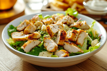 Classic delicious salad with croutons, grilled chicken breast, cheese and lettuce with sauce. Generative AI