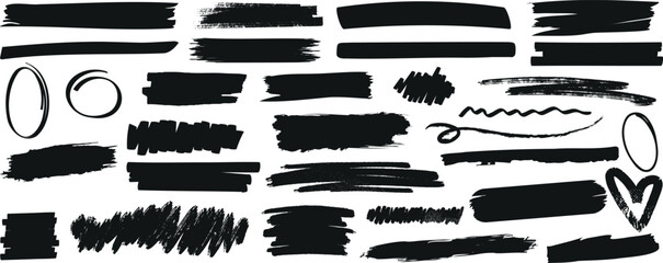 Hand-drawn black brush strokes, scribbles, shapes , Ideal for design elements, backgrounds, textures. Includes bold lines, delicate strokes, straight, wavy, zigzagged lines, circular, heart shapes - obrazy, fototapety, plakaty