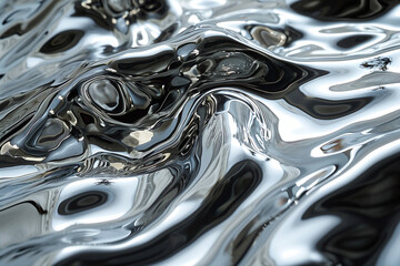 Liquid mercury captured in an abstract, shimmering silver pool.