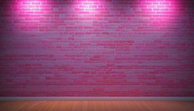 Empty brick wall with pink neon light with copy space. Lighting effect pink color glow on brick wall background. Royalty high-quality free stock photo image of blank, empty background for texture
