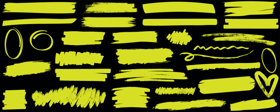 Highlighter, Neon yellow highlighter marks, Vibrant strokes, scribbles, checkmark for emphasis, editing, design. Eye-catching visuals for graphic design, art supplies, office stationery