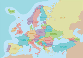 Fototapeta premium Political map of Europe with colors and borders for each country and names in Spanish. Vector illustration.