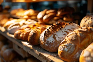 Store enrouleur Boulangerie Different types of bread loaves on bakery shelves. Baker shop with rustic bread assortment. Generative AI