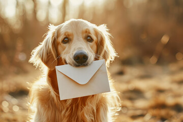 Dog holding a letter in its mouth. Generative AI