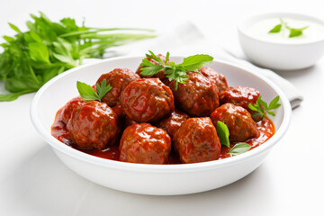 Plate of tasty meatballs with tomato sauce. Generative AI