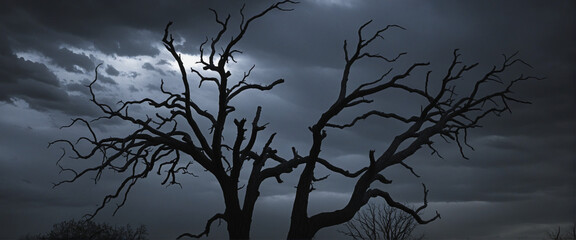 Spooky Silhouette of a Dead Tree Against a Dark and Dramatic Sky for a Halloween-themed Night Scene with Feelings of Despair, Lament, and Hopelessness in a Scary Forest Setting.