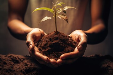 A man holds a handful of earth, and a plant is in it. Inspires and motivates for the future. - obrazy, fototapety, plakaty