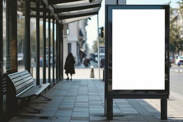 Blank advertising poster mockup template on an empty bus stop by the road. - obrazy, fototapety, plakaty