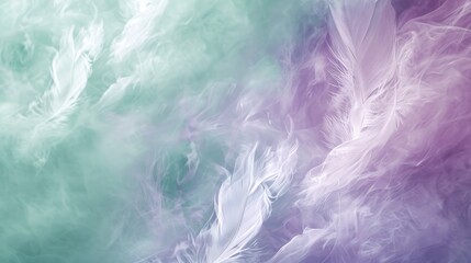Fototapeta na wymiar Mint green and lavender ethereal abstract with soft, floating feathers