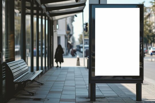 Blank advertising poster mockup template on an empty bus stop by the road.