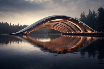 Bridge over the lake with reflection in the water at sunset. 3d render
