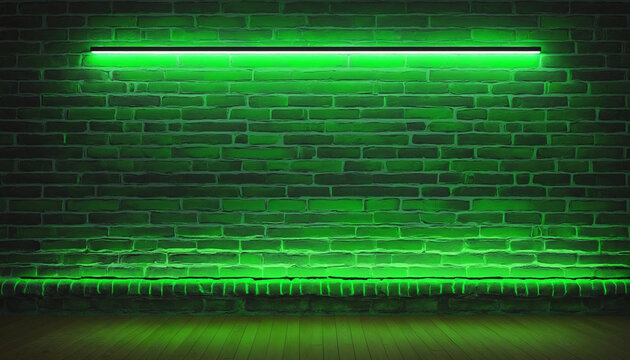 Green neon light illuminating empty brick wall with copy space. Blank background with high-quality stock photo of glowing green color on bricks.