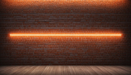 Empty brick wall with orange neon light dim with copy space. Lighting effect orange color glow on...