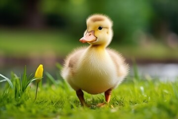 Cute fluffy duckling on green grass outdoors. Baby animal