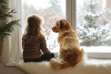 Cute little child with Golden Retriever near window at home, back view.