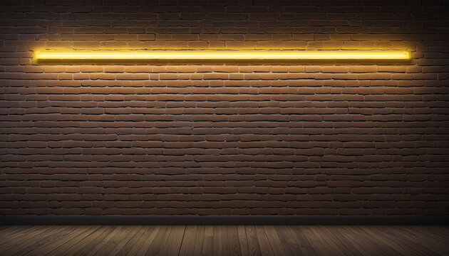 Neon illuminated brick wall with space for text. Vibrant yellow glow on textured background. High-quality free stock photo of blank wall with neon lighting.